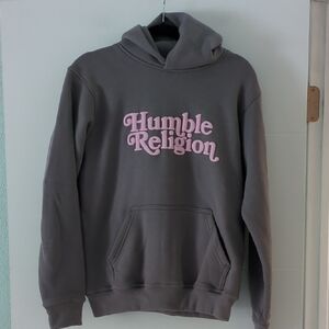 Gray Hoodie Pink Humble Religion Logo Girls 12-14YRS